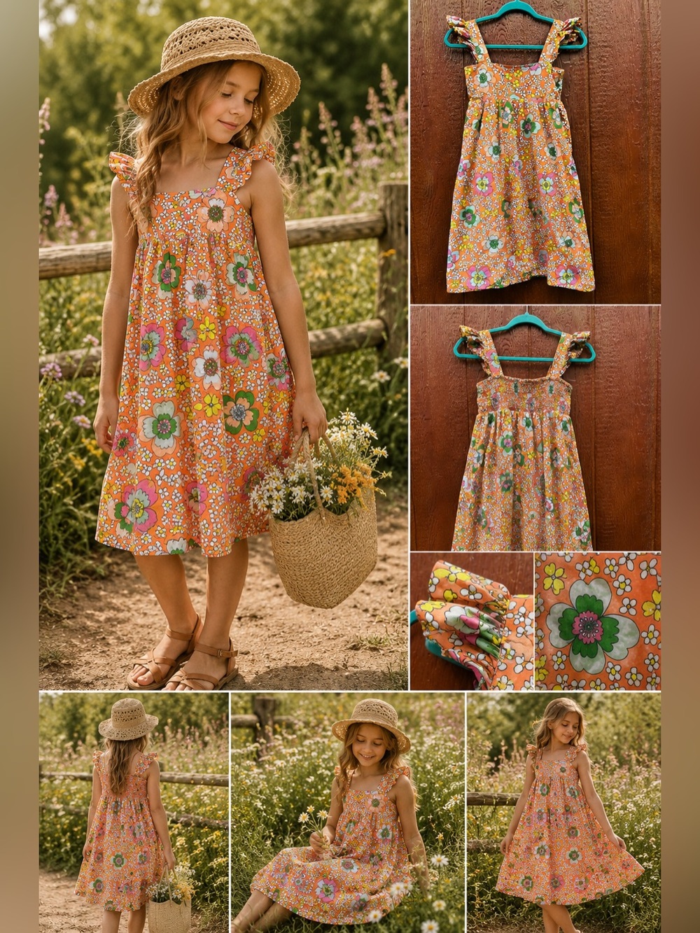 Stella McCartney Kids Orange Floral Dress Size 10 Retro 70s Mod Ruffle Strap